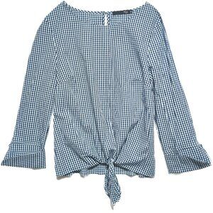 Max Jeans Tie front Gingham Check Top size L Large Blue White Shirt knot cuff